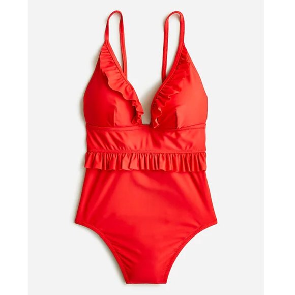 ❤️ J. Crew Ruffle plunge one-piece Red - Picture 1 of 5